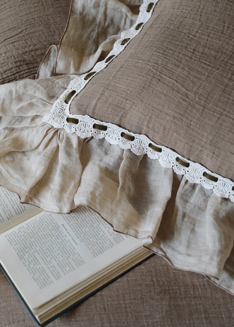 Elderfield Ruffle Lace Cotton-Linen Bedding Set – close detail of pale ruffles and lace against cocoa fabric - Roomden