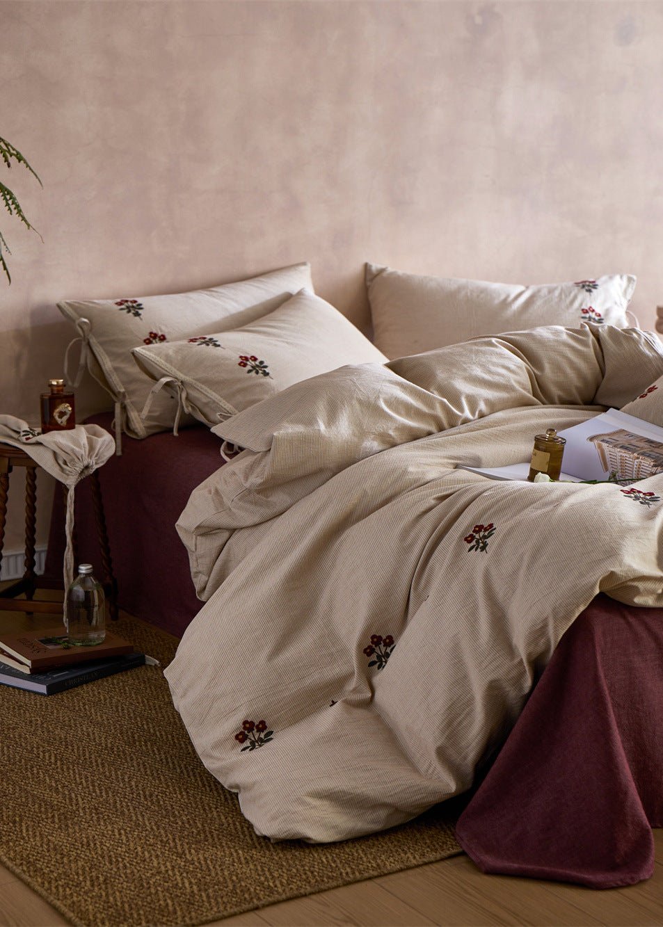 Verbena Embroidered Floral Cotton Bedding Set - room scene