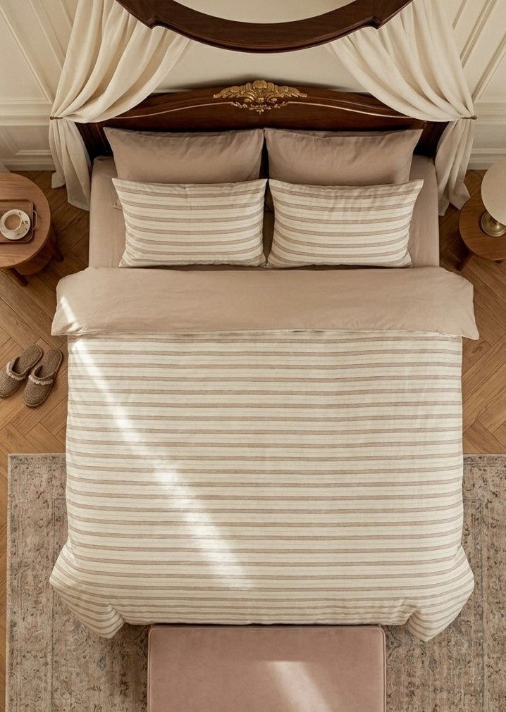 Harlow Sandstone Stripe Cotton Bedding Set - room scene