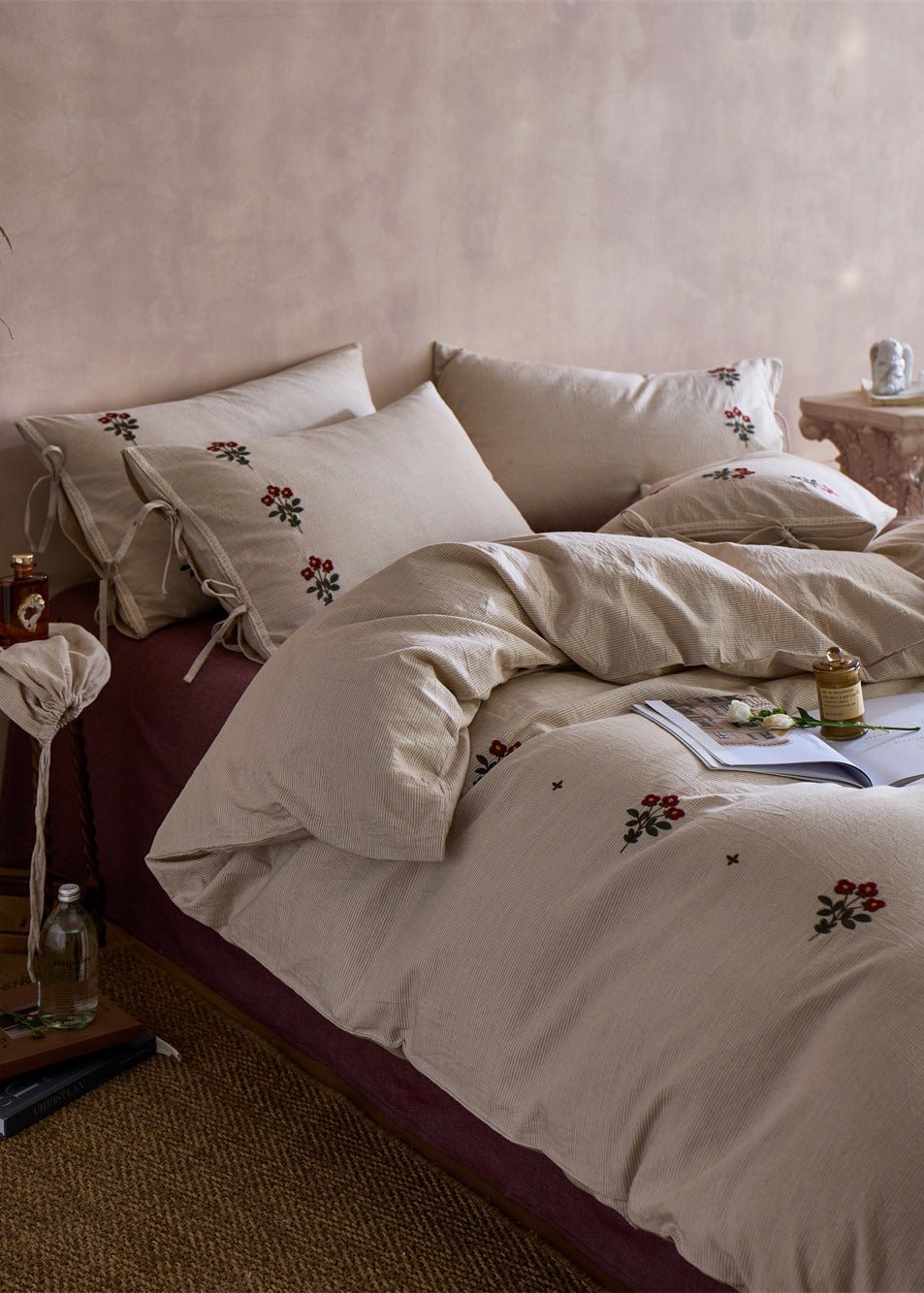 Verbena Embroidered Floral Cotton Bedding Set - room scene