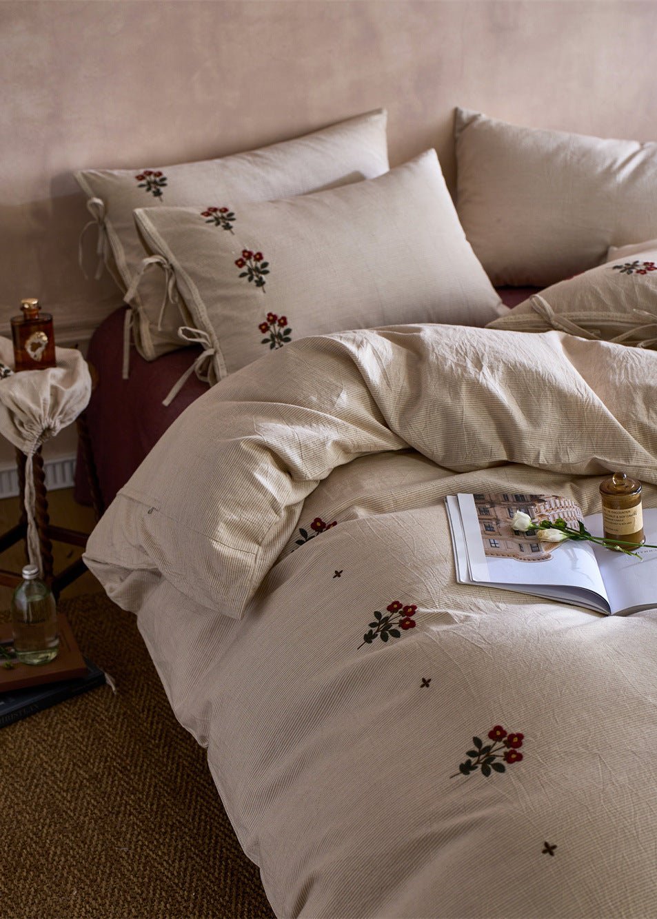 Verbena Embroidered Floral Cotton Bedding Set - room scene