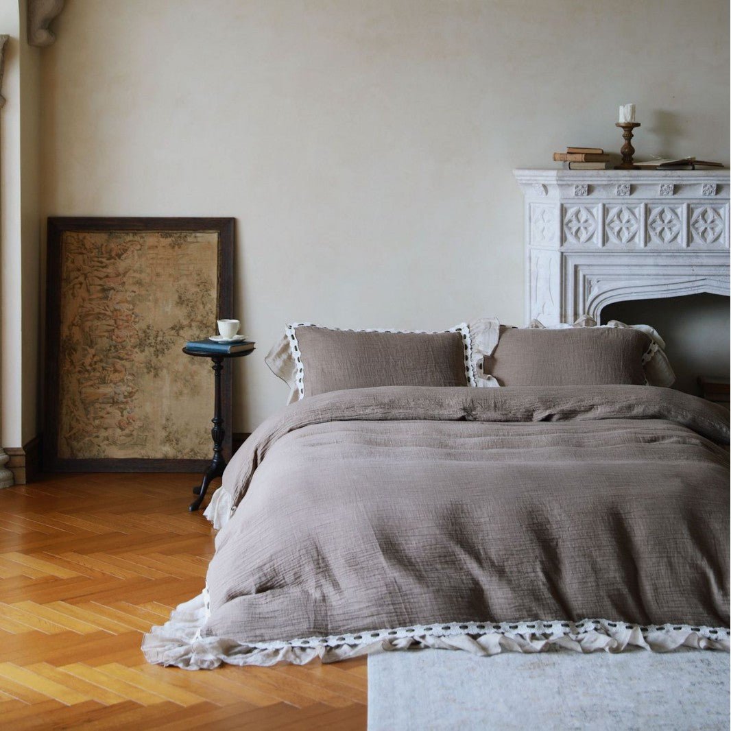 Elderfield Ruffle Lace Cotton-Linen Bedding Set – cocoa duvet spread across the bed with matching pillows - Roomden