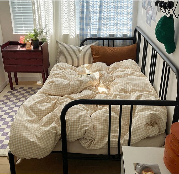 Astrid Gingham Washed Cotton Bedding Set - Toasted Beige