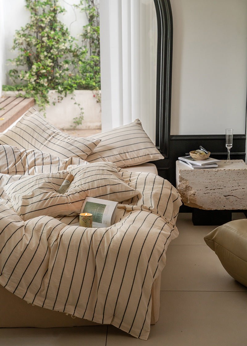 Fenwood Pinstripe Washed Cotton Bedding Set - Custard Beige