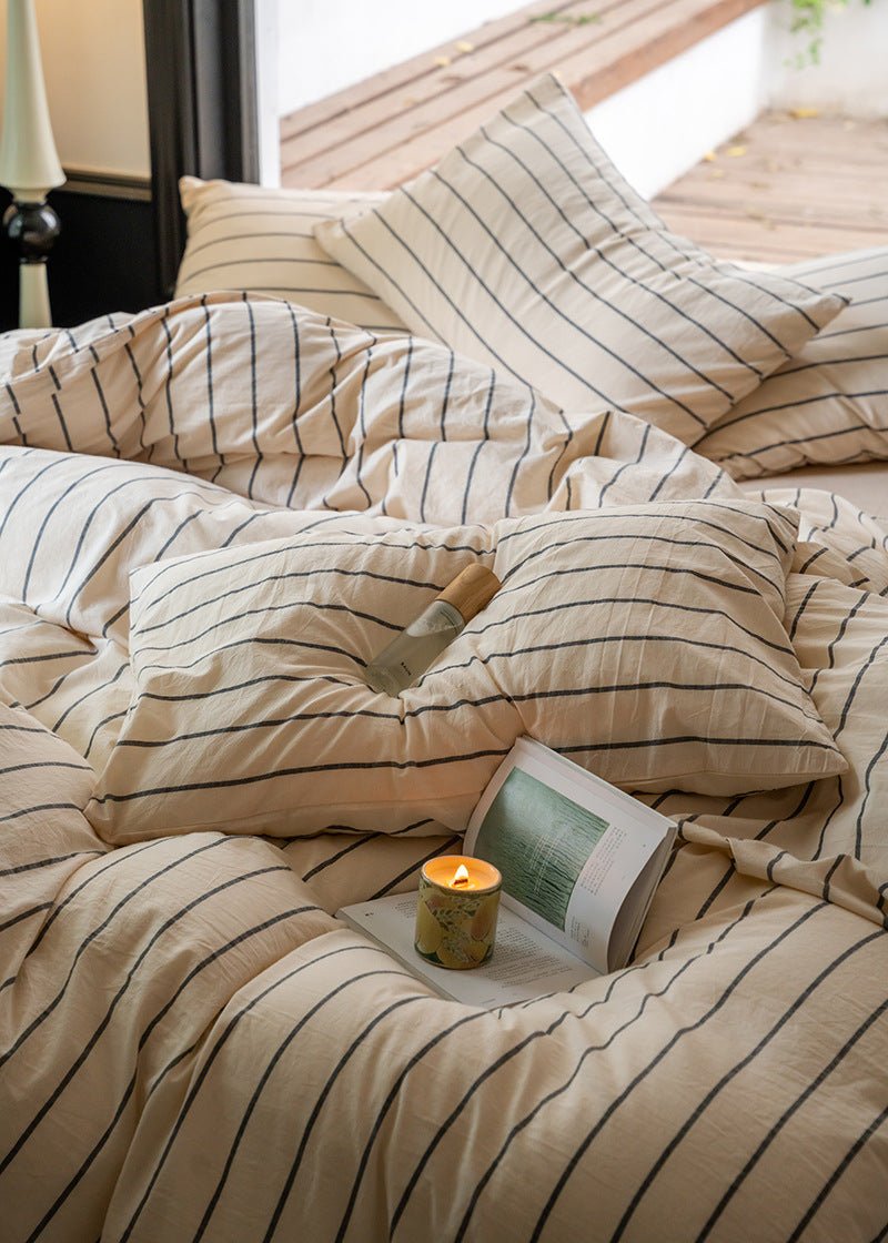 Fenwood Pinstripe Washed Cotton Bedding Set - Custard Beige