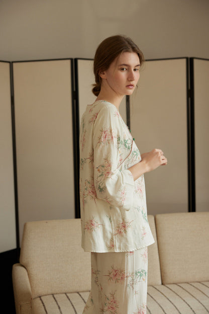 Beige Bamboo Floral Print Double Gauze Pajama Set