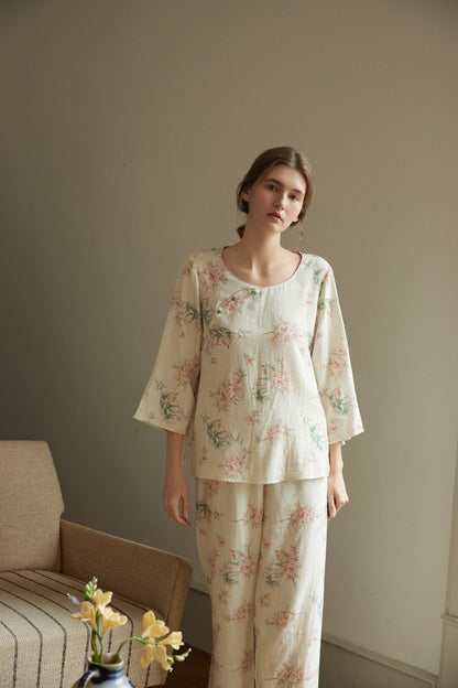 Beige Bamboo Floral Print Double Gauze Pajama Set