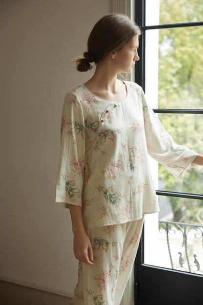 Beige Bamboo Floral Print Double Gauze Pajama Set