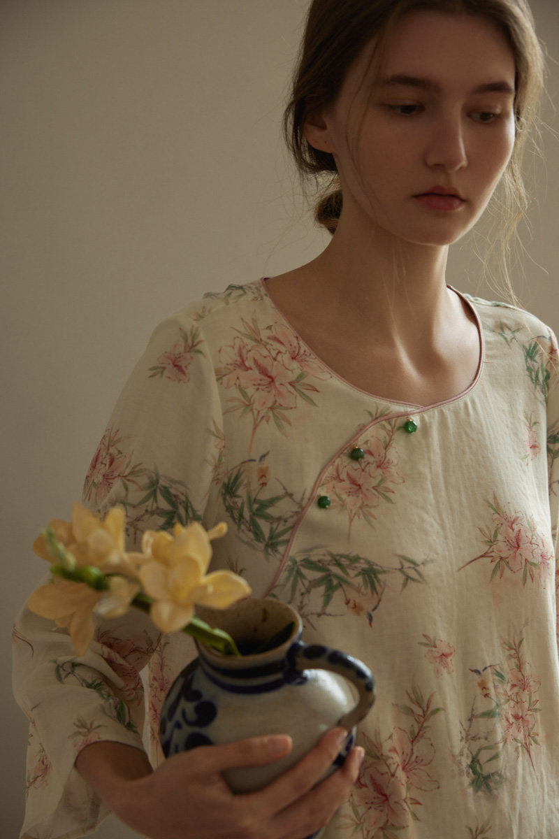 Beige Bamboo Floral Print Double Gauze Pajama Set