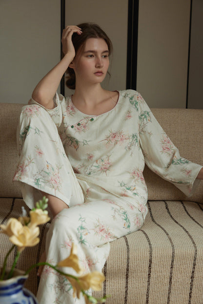 Beige Bamboo Floral Print Double Gauze Pajama Set