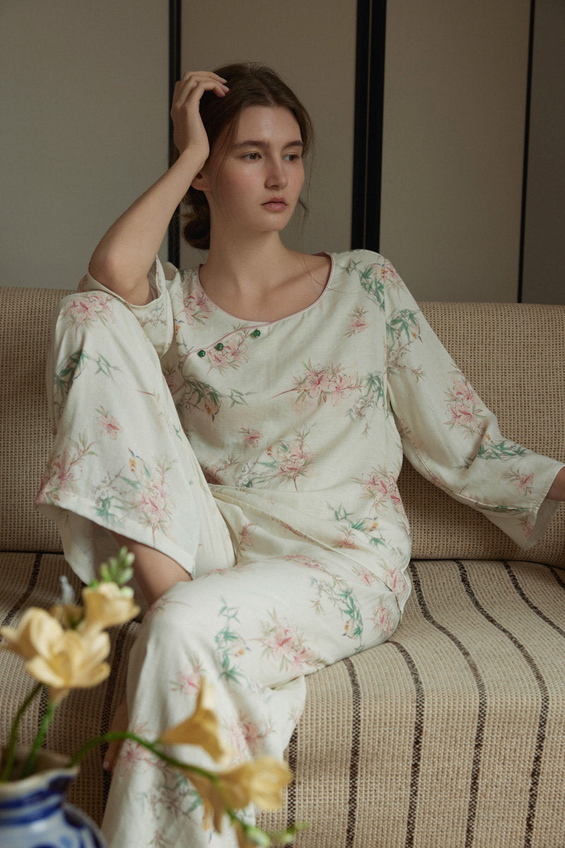 Beige Bamboo Floral Print Double Gauze Pajama Set