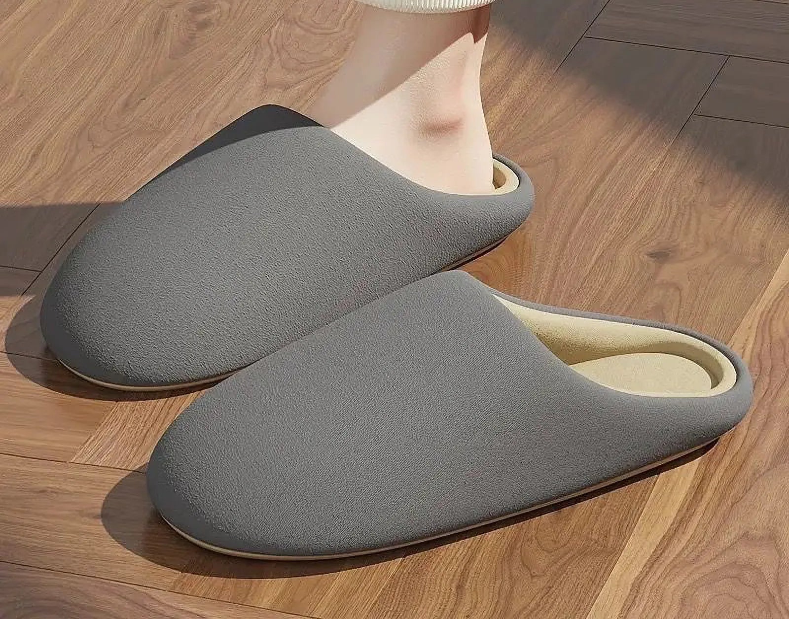 Grey minimalist house slippers on feet - RoomDen