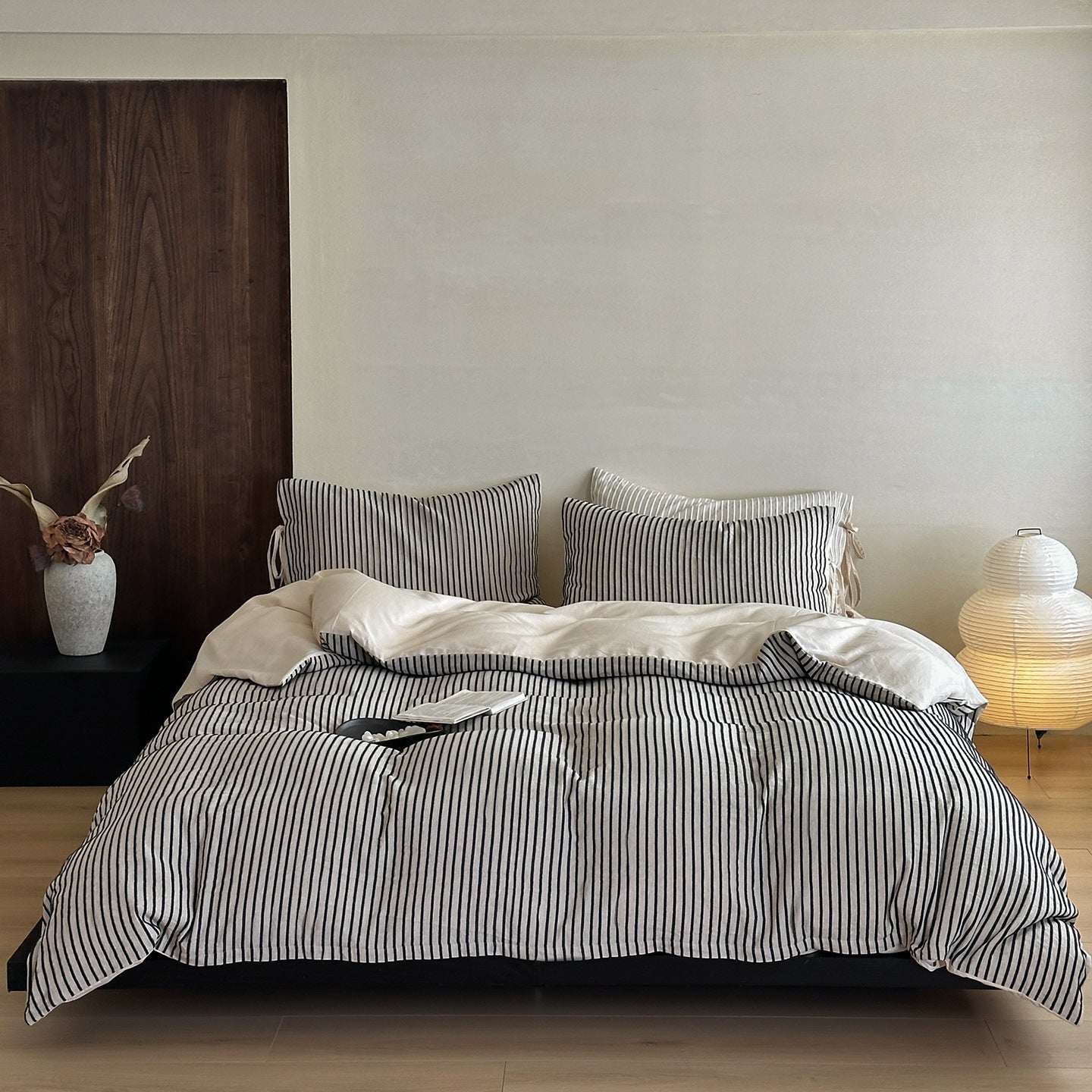 Wyeth Ticking Stripe Linen Cotton Bedding Set - Ink Black