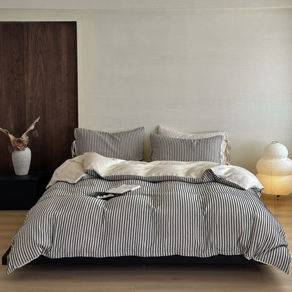 Wyeth Ticking Stripe Linen Cotton Bedding Set - Ink Black