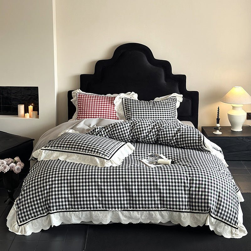 Winsley Gingham Lace Cotton Bedding Set - Classic Black