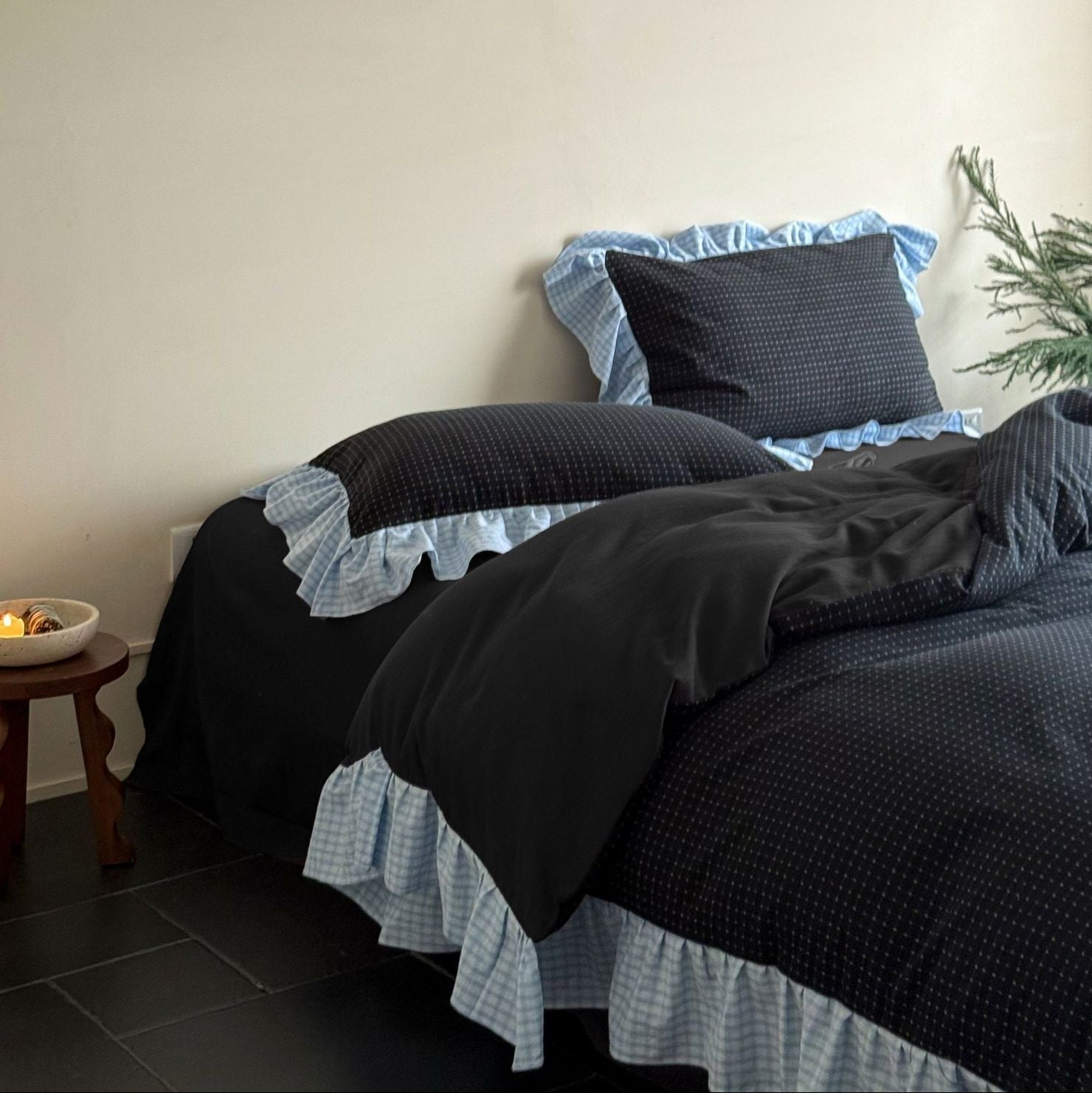 Harwick Gingham Ruffle Cotton Bedding Set - Onyx & Mist