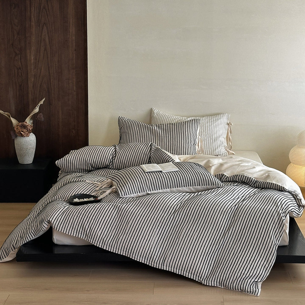 Wyeth Ticking Stripe Linen Cotton Bedding Set - Ink Black