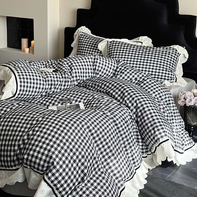 Winsley Gingham Lace Cotton Bedding Set - Classic Black