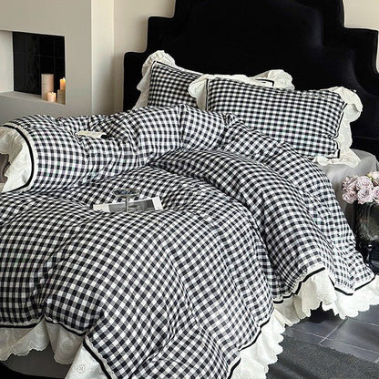 Winsley Gingham Lace Cotton Bedding Set - Classic Black