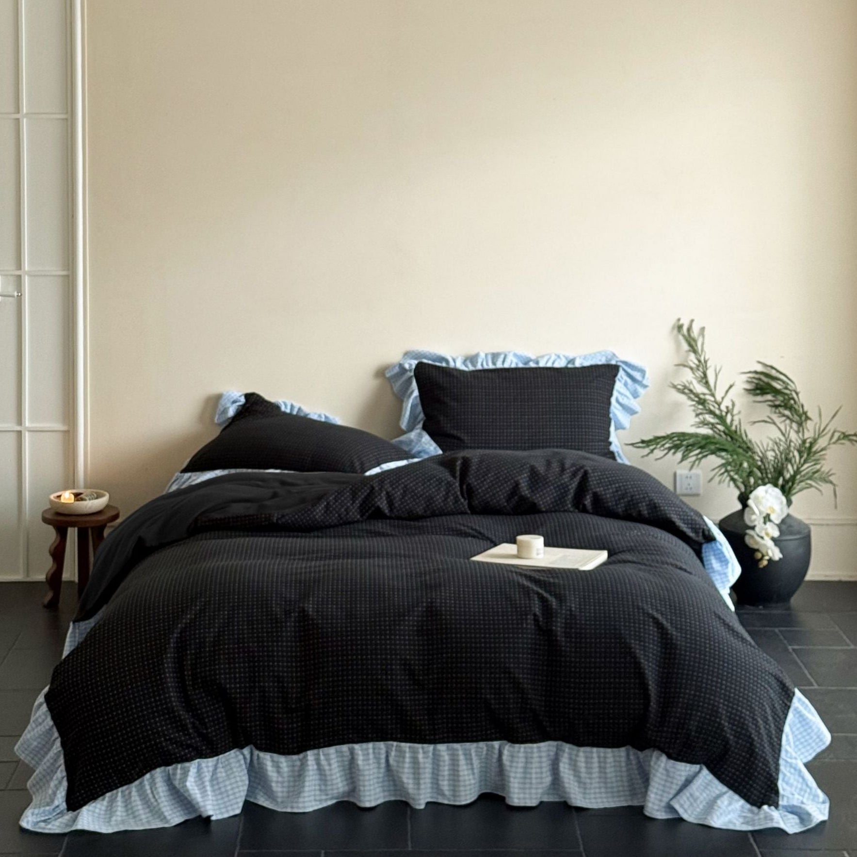 Harwick Gingham Ruffle Cotton Bedding Set - Onyx & Mist