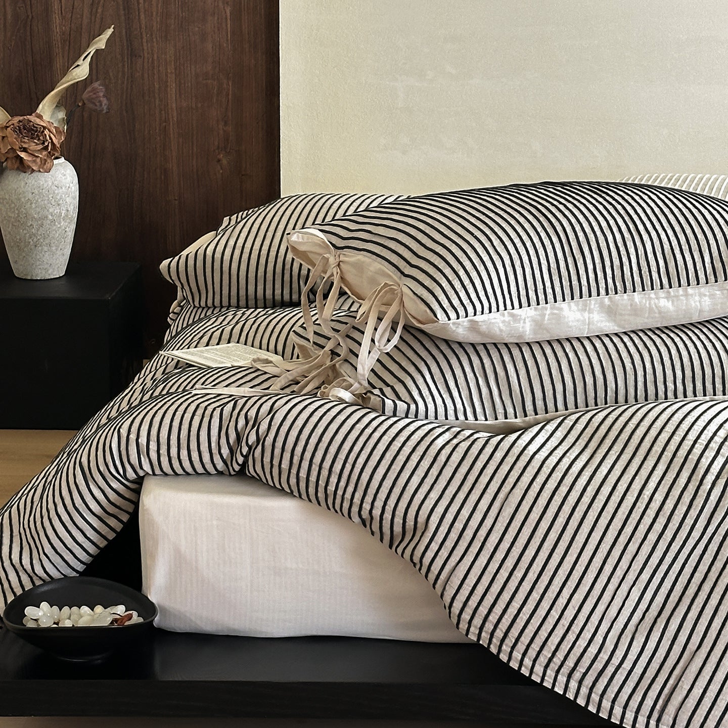 Wyeth Ticking Stripe Linen Cotton Bedding Set - Ink Black