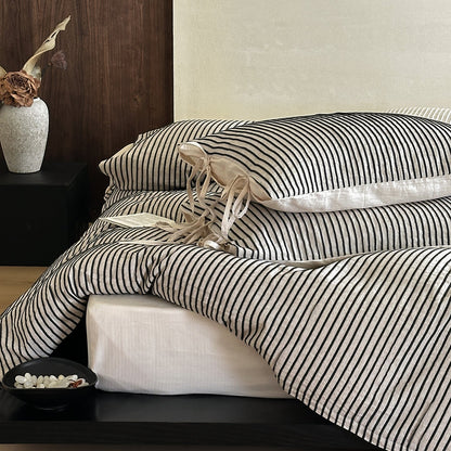 Wyeth Ticking Stripe Linen Cotton Bedding Set - Ink Black