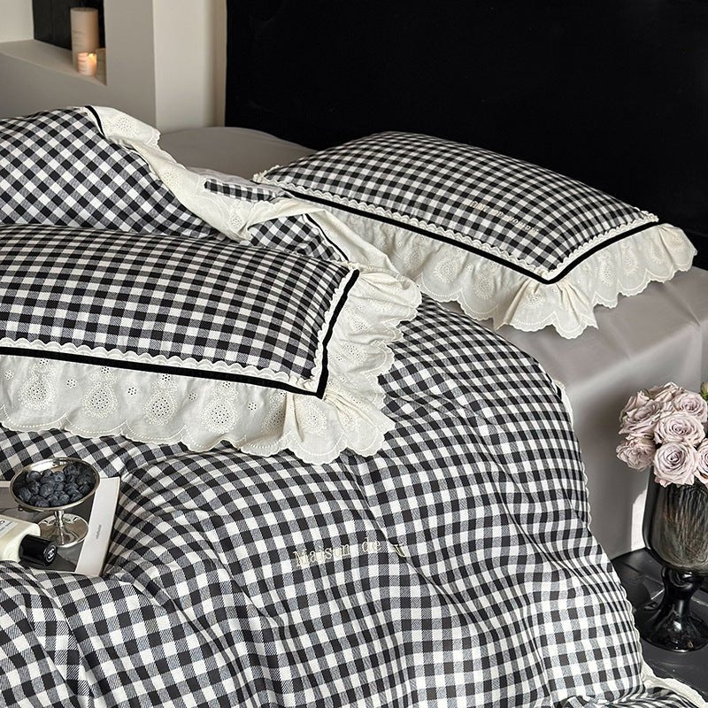 Winsley Gingham Lace Cotton Bedding Set - Classic Black