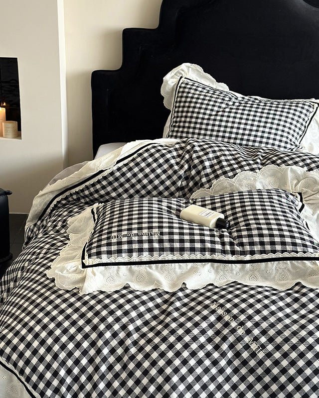Winsley Gingham Lace Cotton Bedding Set - room scene