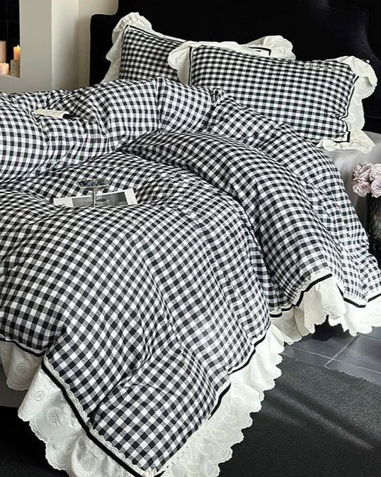 Winsley Gingham Lace Cotton Bedding Set - room scene