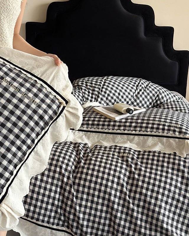 Winsley Gingham Lace Cotton Bedding Set - room scene