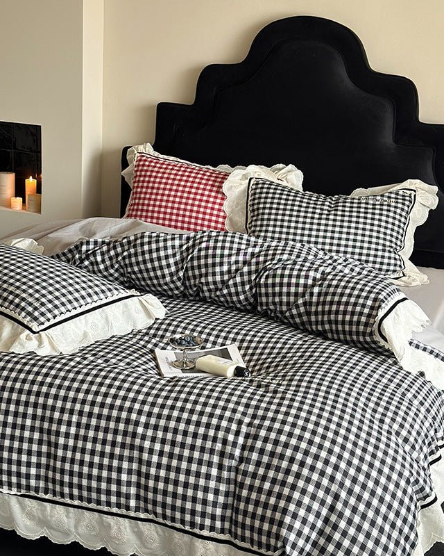 Winsley Gingham Lace Cotton Bedding Set - room scene