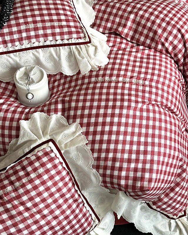 Winsley Gingham Lace Cotton Bedding Set - room scene