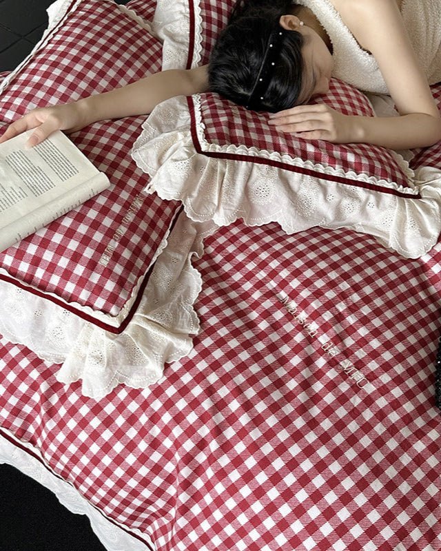 Winsley Gingham Lace Cotton Bedding Set - room scene