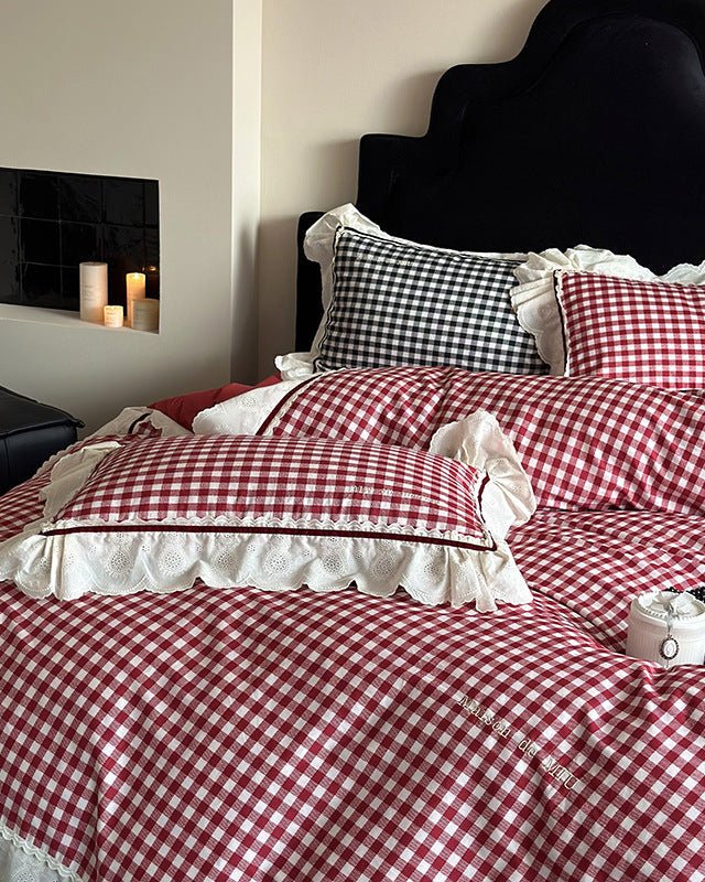 Winsley Gingham Lace Cotton Bedding Set - room scene