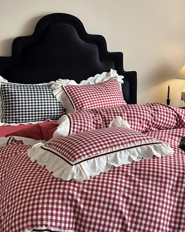 Winsley Gingham Lace Cotton Bedding Set - room scene