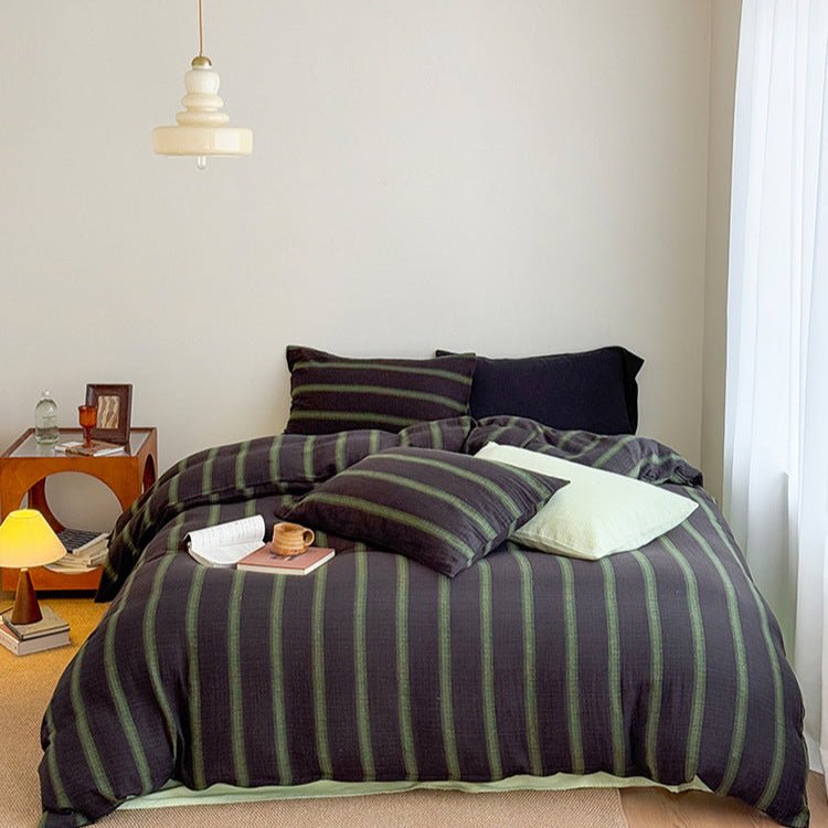 Corbin Striped Washed Cotton Bedding Set - Charcoal Olive