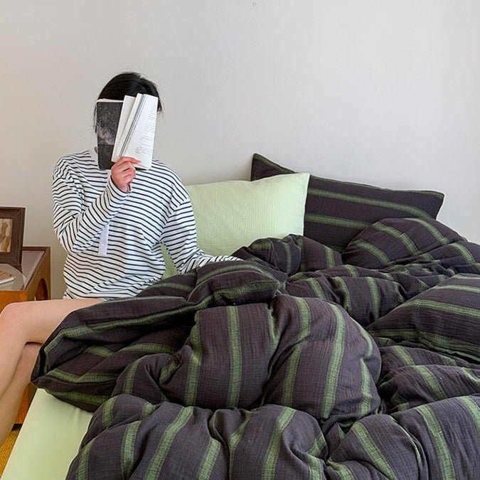 Corbin Striped Washed Cotton Bedding Set - Charcoal Olive