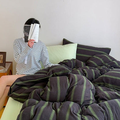 Corbin Striped Washed Cotton Bedding Set - Charcoal Olive