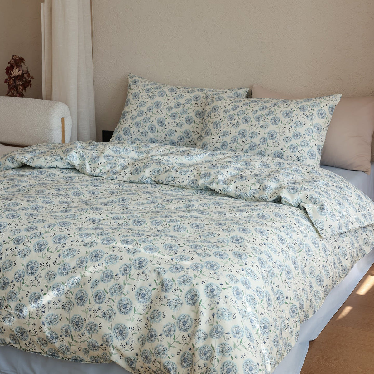 Verbena Botanical Cotton Bedding Set – blue floral duvet with matching pillows in a neutral bedroom - Roomden