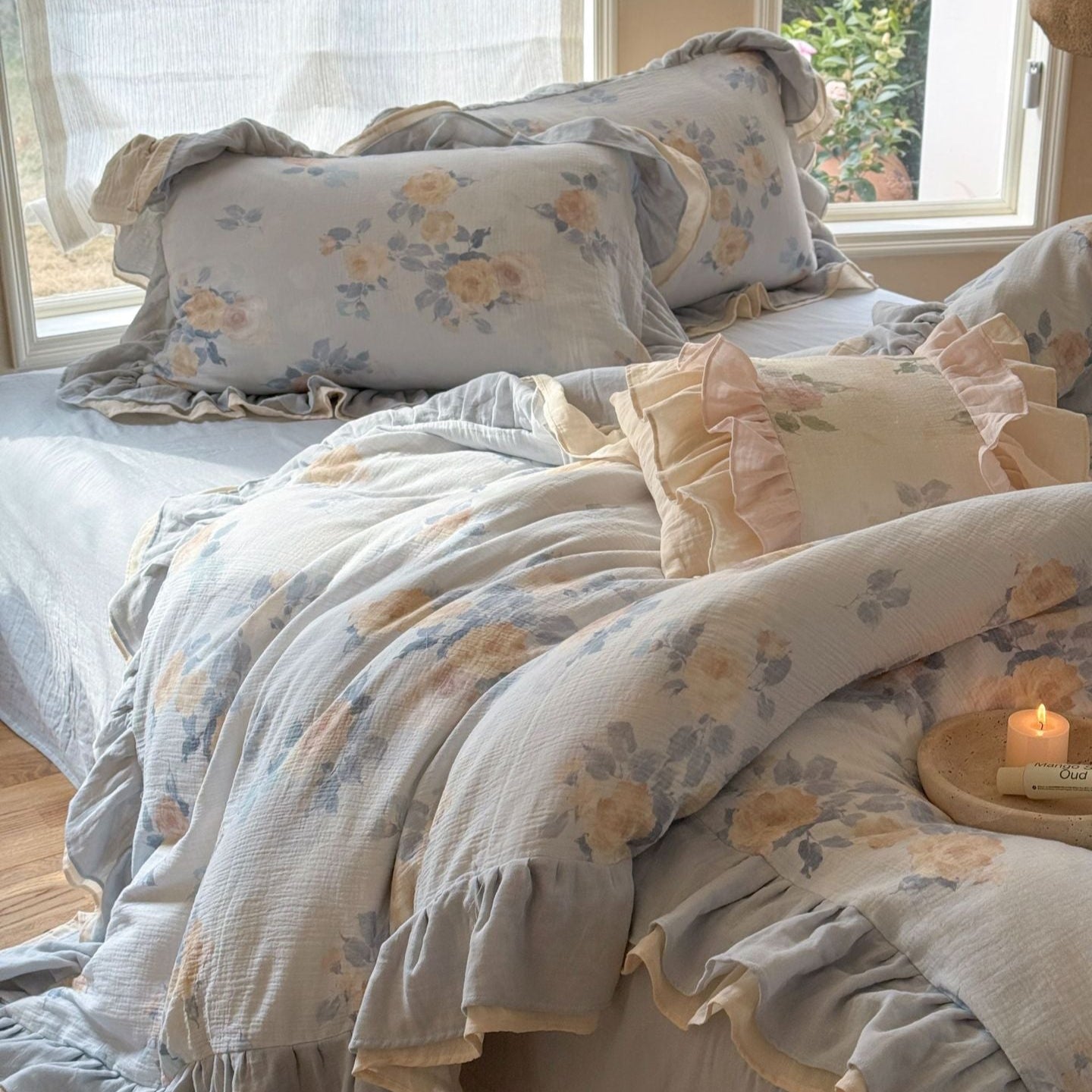 Solenne Ruffle Floral Double Gauze Bedding Set - Dusty Blue