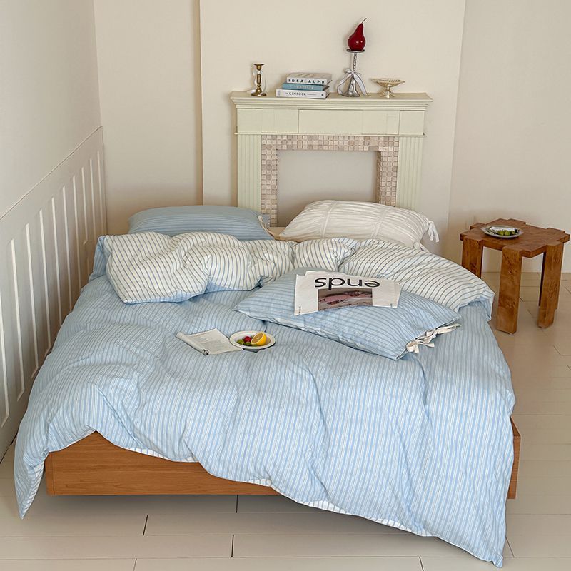 Washed Cotton Bow-Tie Pinstripe Bedding Set - Blue