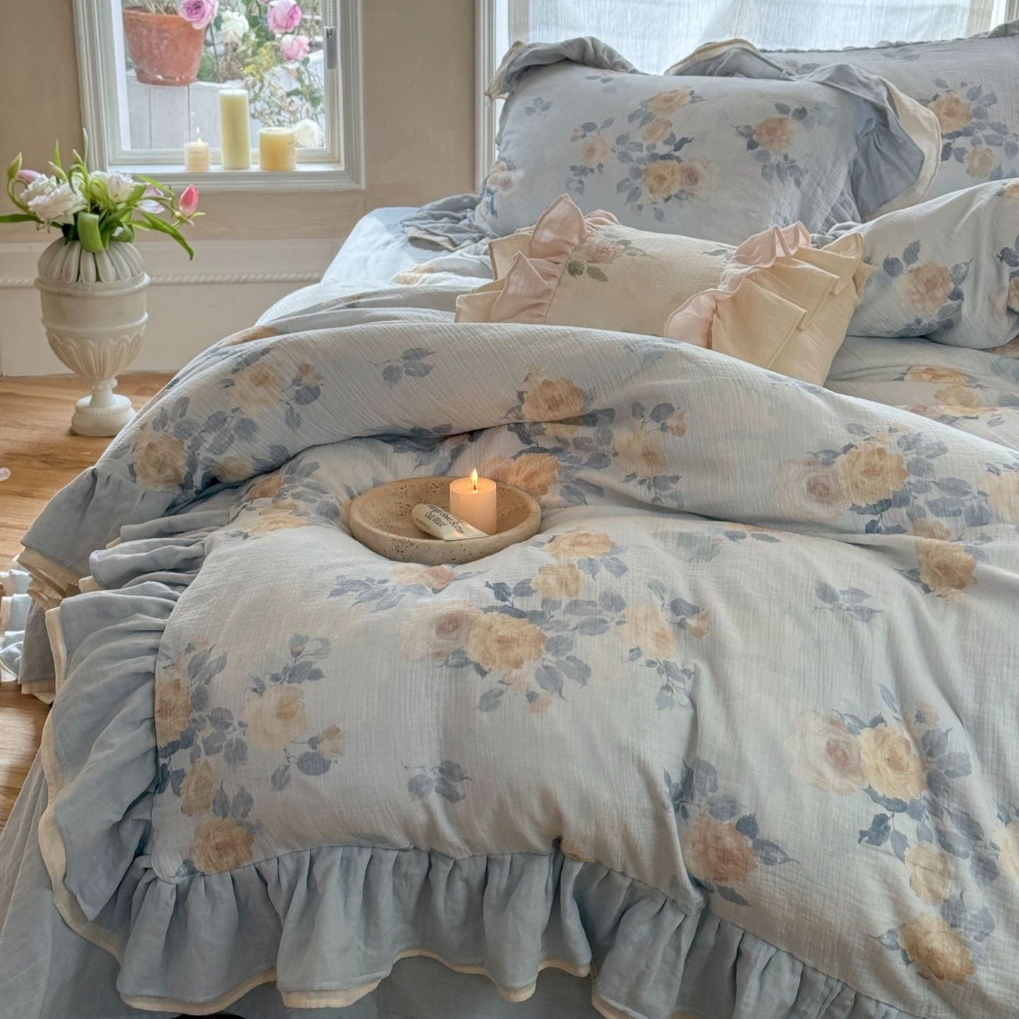 Solenne Ruffle Floral Double Gauze Bedding Set - Dusty Blue