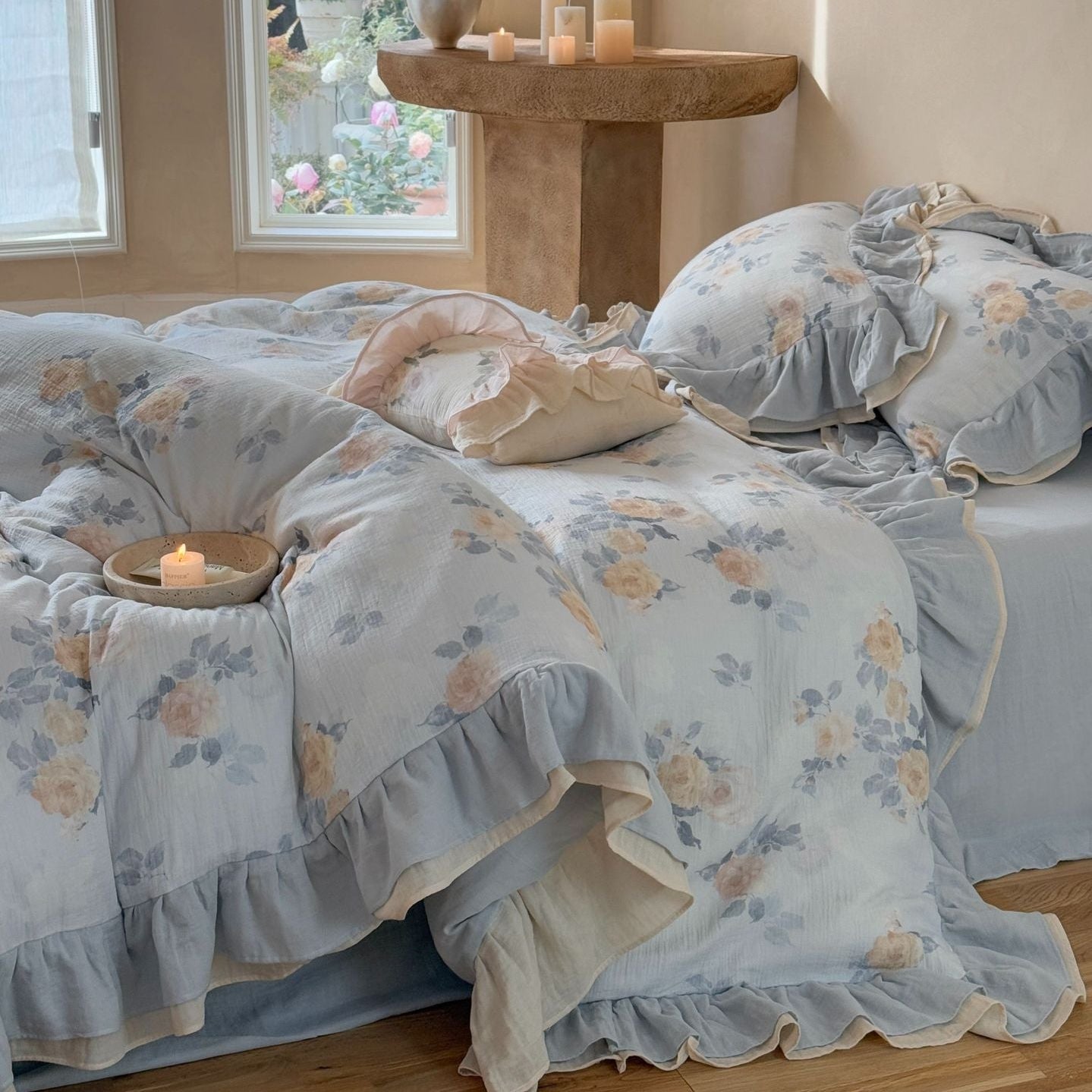 Solenne Ruffle Floral Double Gauze Bedding Set - Dusty Blue