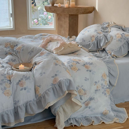 Solenne Ruffle Floral Double Gauze Bedding Set - Dusty Blue