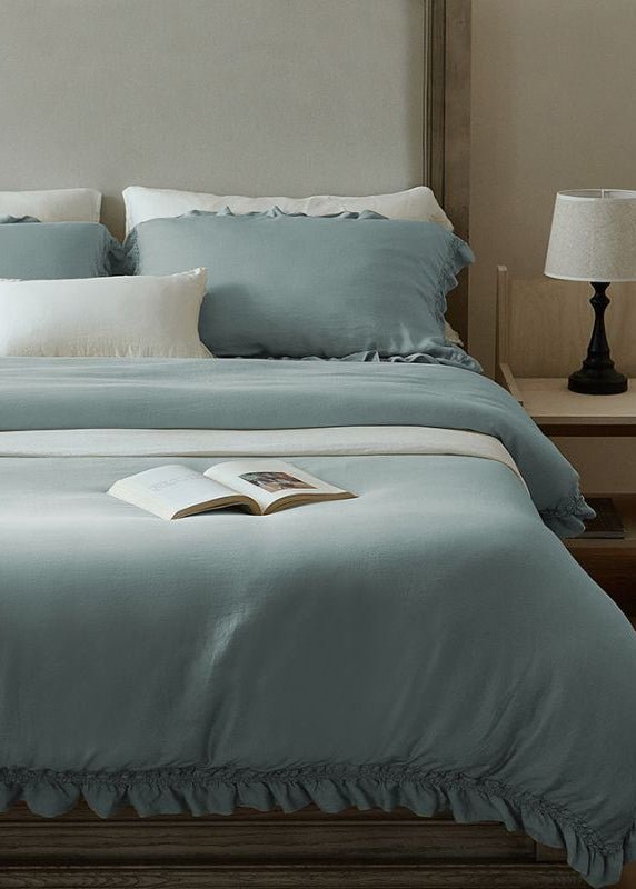 Ruffle Lyocell Bedding Set, Sea Blue, bed arrangement - Roomden