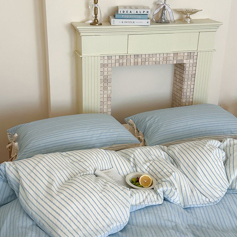 Washed Cotton Bow-Tie Pinstripe Bedding Set - Blue