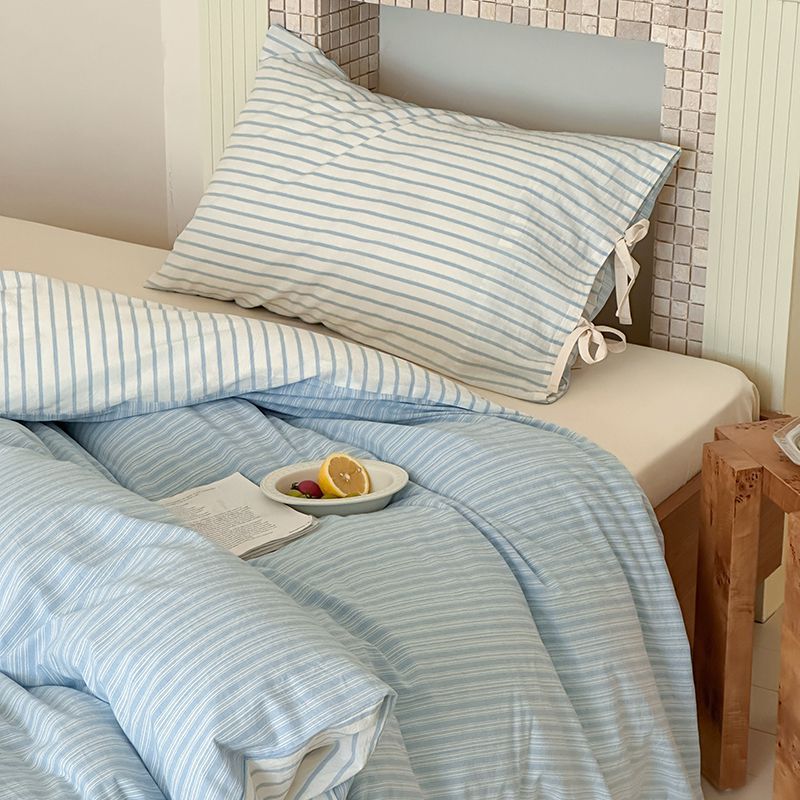 Washed Cotton Bow-Tie Pinstripe Bedding Set - Blue