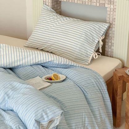 Washed Cotton Bow-Tie Pinstripe Bedding Set - Blue