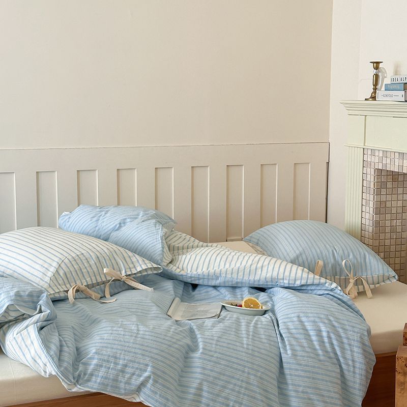 Washed Cotton Bow-Tie Pinstripe Bedding Set - Blue