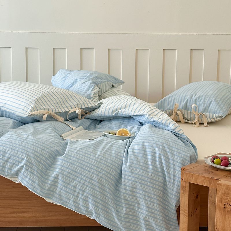 Washed Cotton Bow-Tie Pinstripe Bedding Set - Blue